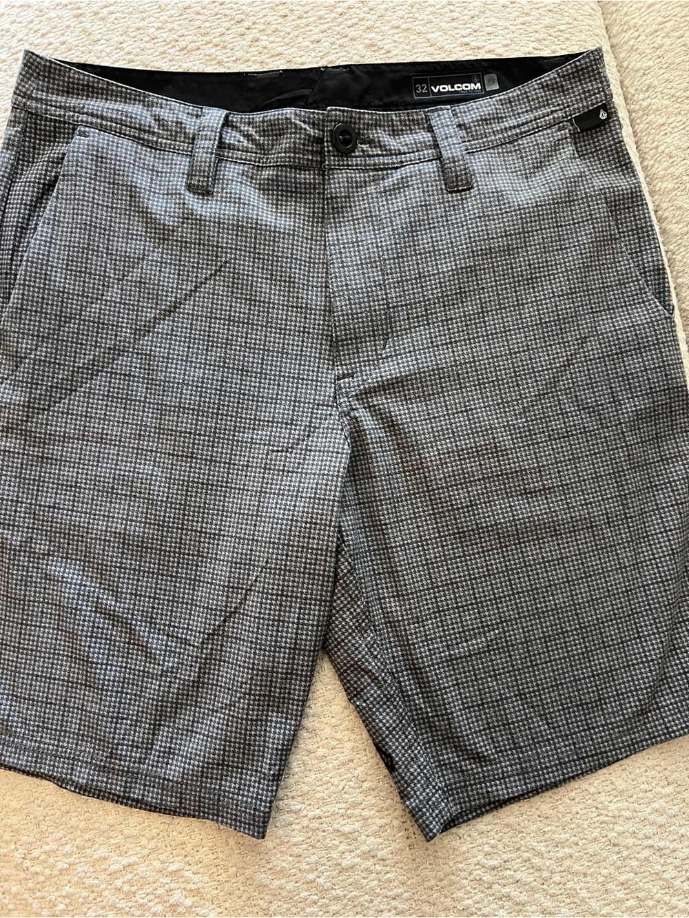 Volcom Men’s Black and Gray Micro-Check Flat Front Shorts